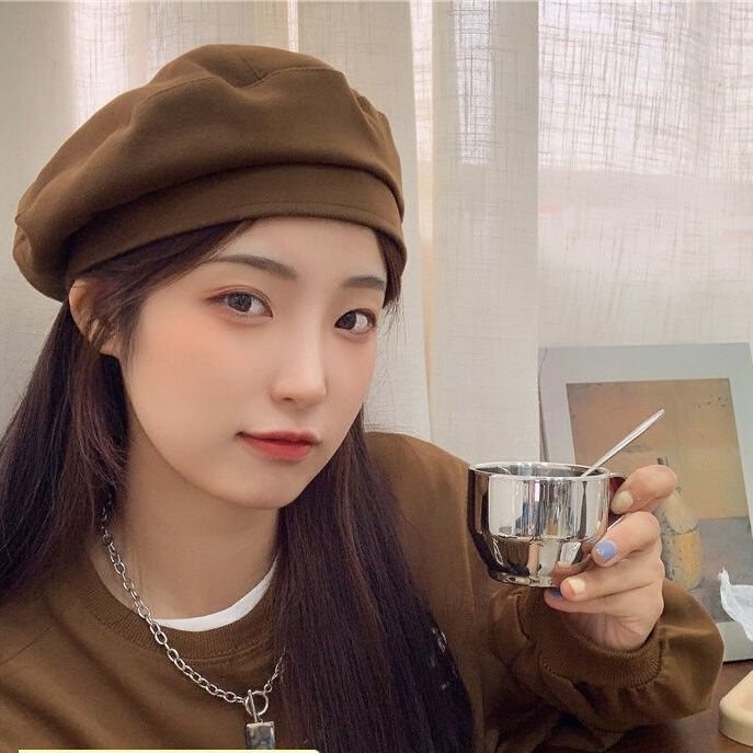 Sugar-fried ~ Mũ Beret Len Hạt Dẻ Màu Trơn Phong Cách Đường Phố Nhật Bản Thời Trang Thu Đông Ngọt Ngào Cho Nữ @ -