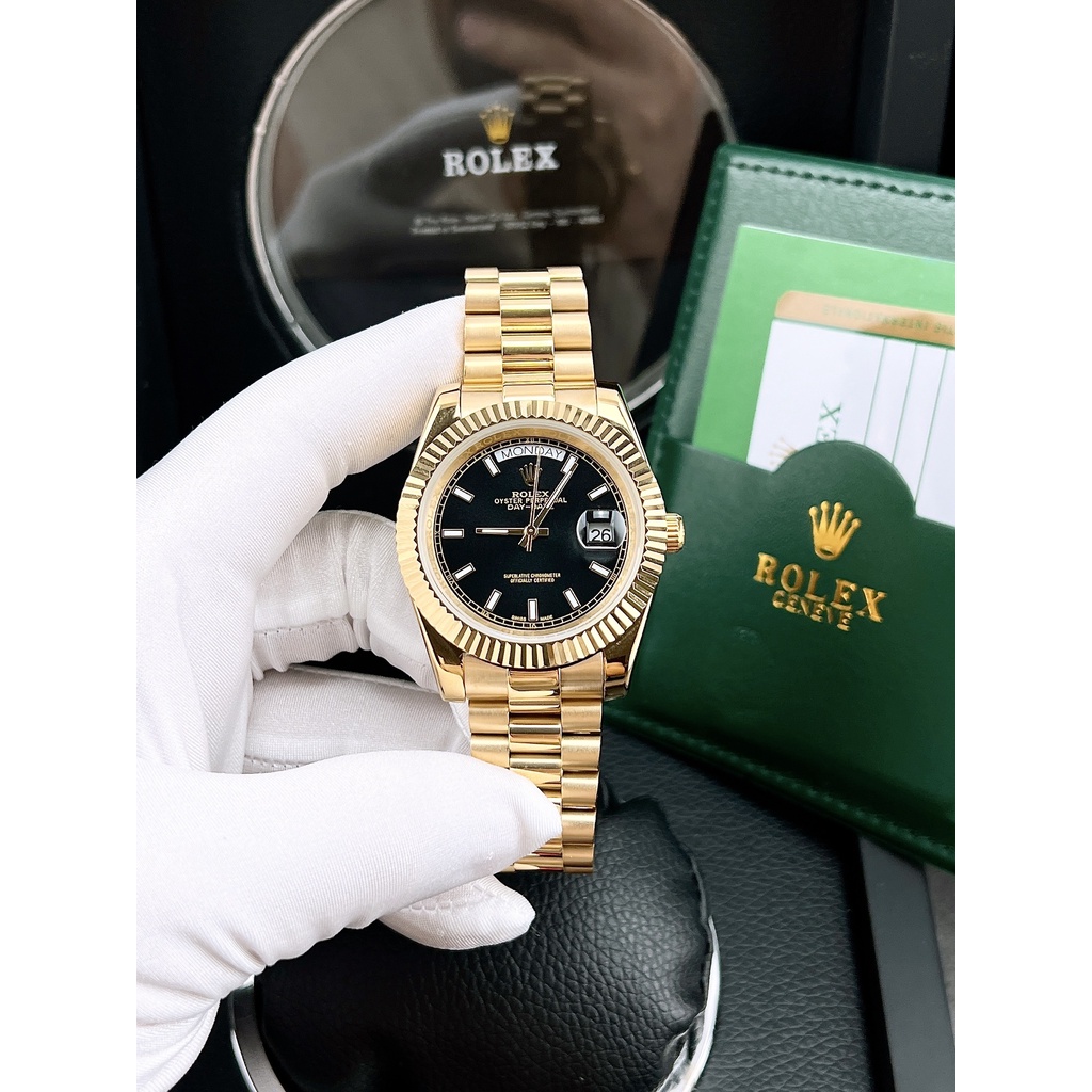 Đồng hồ nam Rolex DayDate 41mm máy cơ Nhật, Viền khía, vạch giờ phủ dạ quang