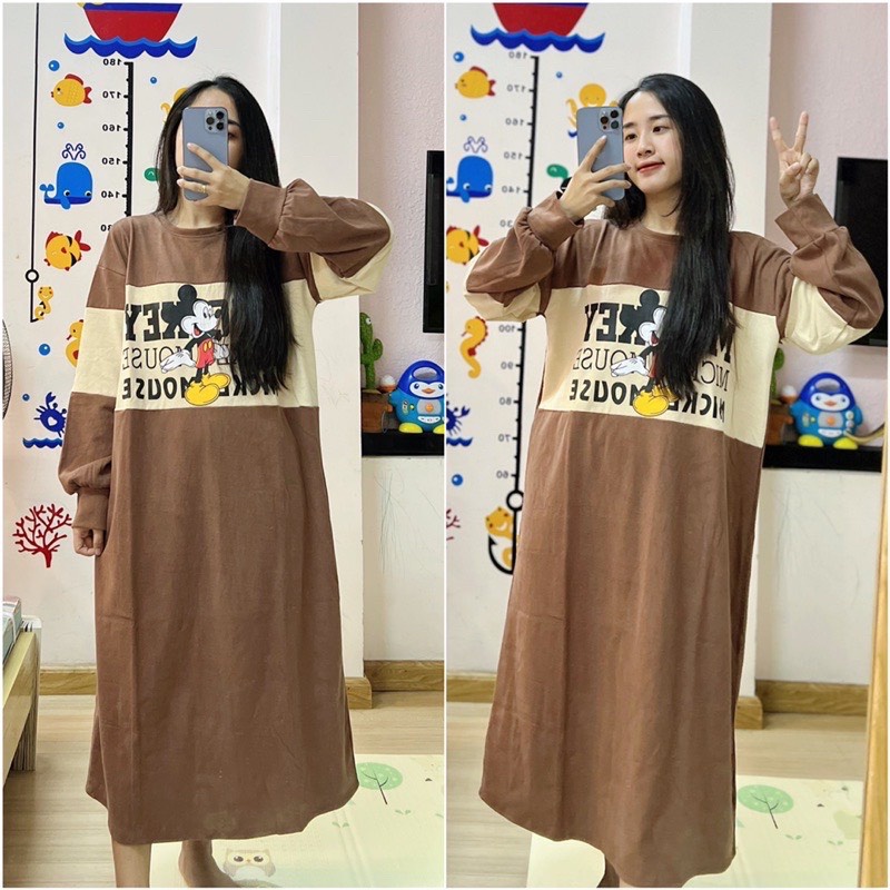 Váy bầu – Đầm bầu thu đông in họa tiết hoạt hình mickey chất nỉ da cá dài tay đẹp VD356