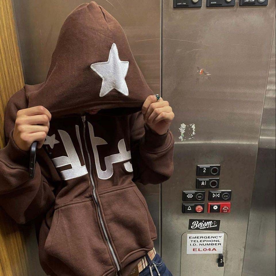 Áo Khoác Hoodie Có Khóa Kéo In Hình Ngôi Sao Phong Cách Hip hop Mỹ Thời Trang Đường Phố Cho Nam Và Nữ Y2K