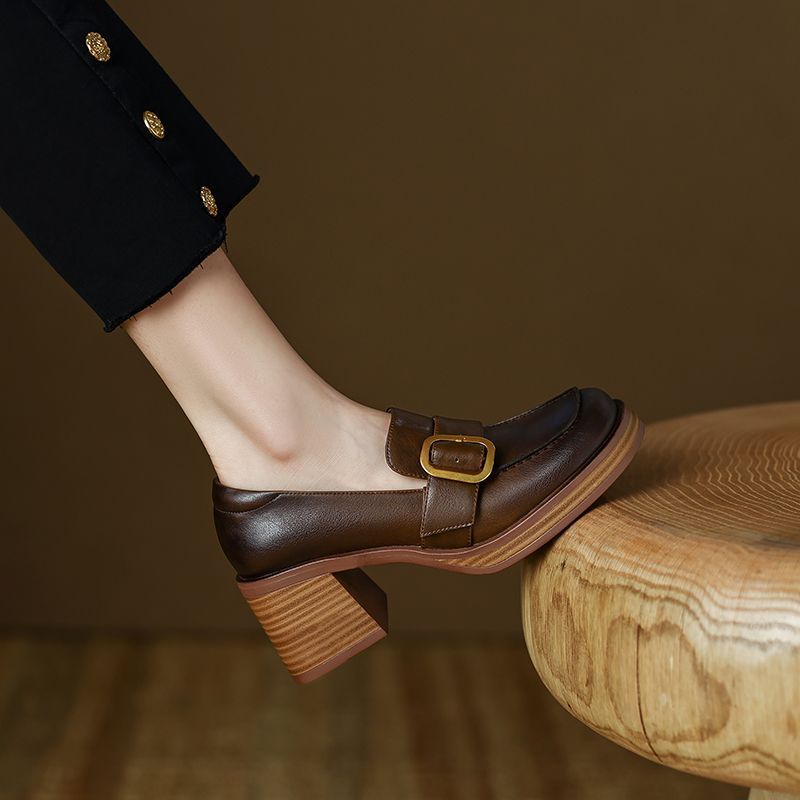 Giày Cao Gót Da Mềm Mũi Vuông Phong Cách Retro