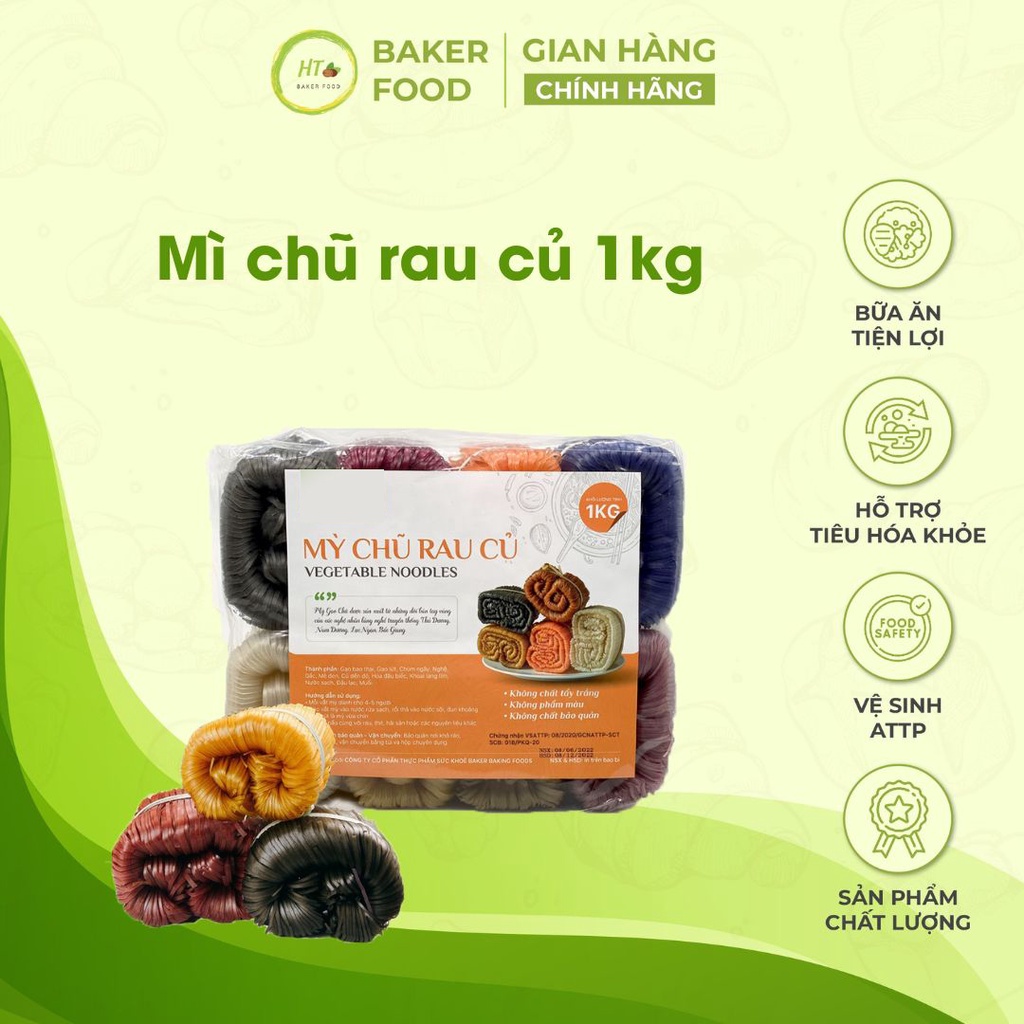 Mì chũ rau củ Baker Baking không chất bảo quản cho người ăn chay, bé ăn dặm 1kg - Baker Food