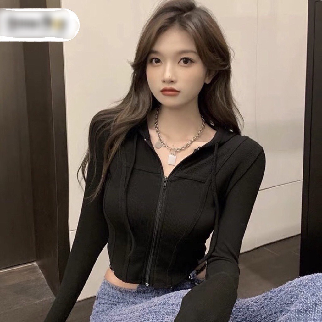 Áo khoác có nón tay dài Thun Gân Ôm dáng Croptop MaL
