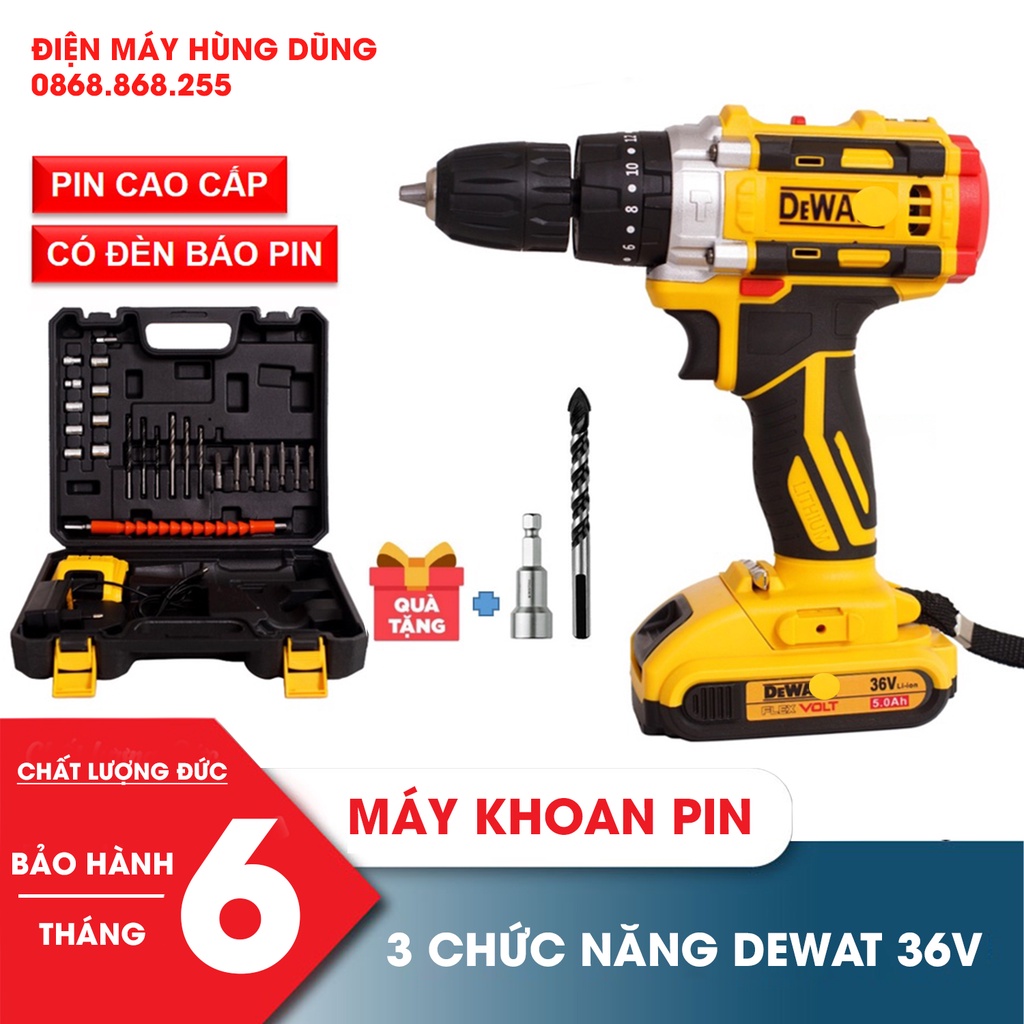 Máy khoan Pin 36V, máy khoan 3 chức năng - Tặng 24 Phụ Kiện, Model 2020, Motor Lõi Đồng 100%