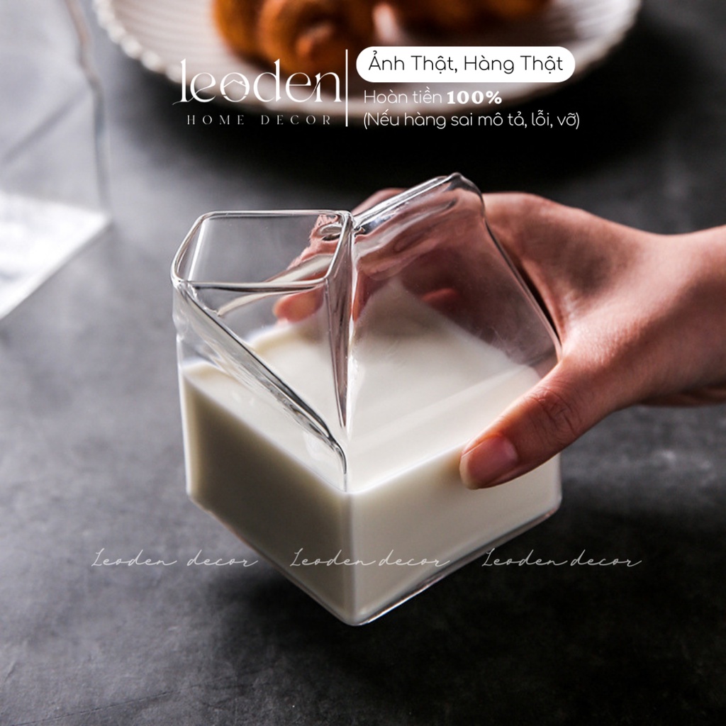 Cốc thuỷ tinh chịu nhiệt hình hộp sữa độc đáo pha chế đồ uống cafe, ly thuỷ tinh đạo cụ chụp ảnh xinh