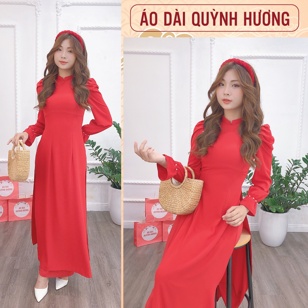 Áo dài truyền thống lụa mỹ đỏ tay chun đính hạt trai siêu xinh by Quỳnh Hương