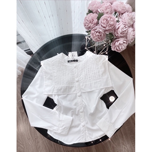 Áo sơ mi trắng cổ vạt cách điệu li ngực cúc bọc đủ size S M L XL huyen hip | BigBuy360 - bigbuy360.vn