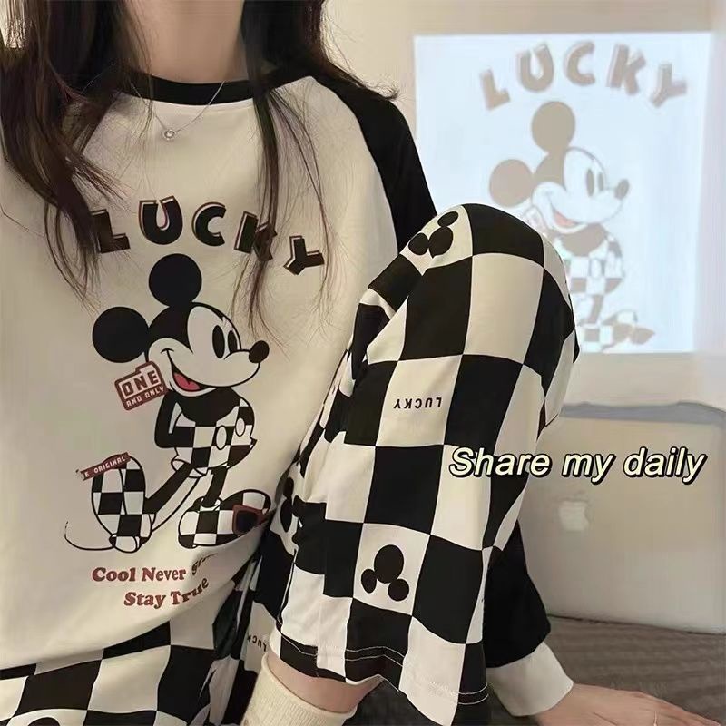 Bộ Đồ Ngủ Tay Dài Dáng Rộng In Hoạt Hình Mickey Cỡ Lớn Thời Trang Xuân Thu Xinh Xắn Cho Nữ