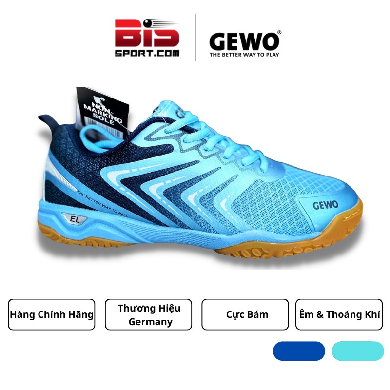 Giày Bóng Bàn, Giày Cầu Lông Gewo 2022 Xanh Biển - Chính Hãng - Thương Hiệu Đến Từ Đức - Đế Siêu Bám, Cực Êm Chống Trơn