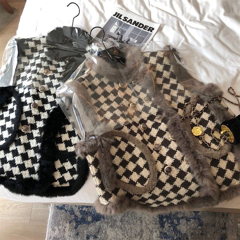 Áo khoác gilê lông hai lớp cổ tròn mùa đông ấm áp phong cách Hàn Quốc