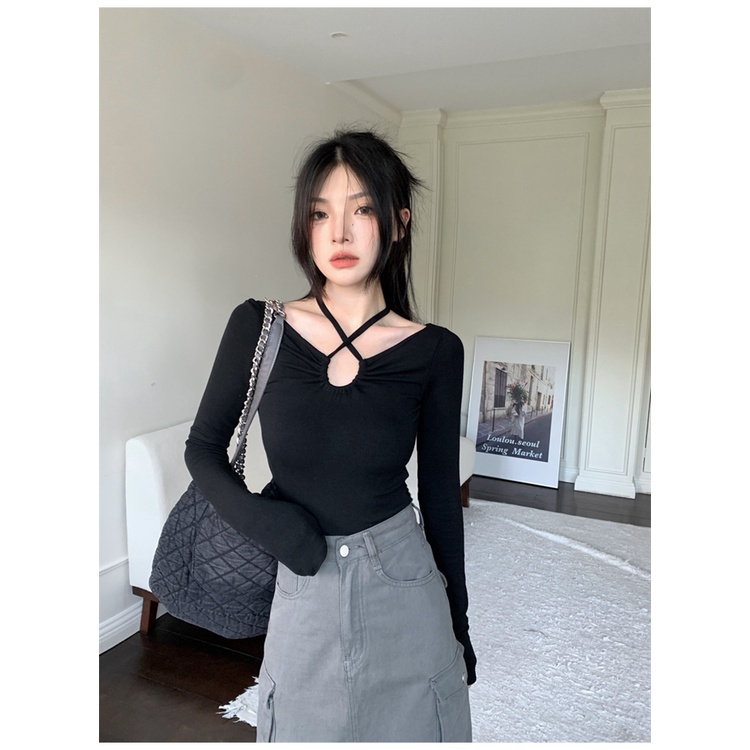 Áo Thun Tay Dài Cổ Chữ V Dáng Ôm Phong Cách Hàn Quốc Thời Trang Mùa Thu Quyến Rũ Cho Nữ