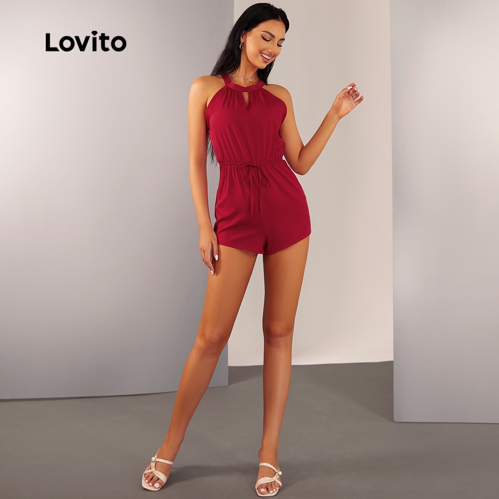 (Hàng có sẵn) Lovito Bộ Áo Liền Quần Eo Chun Buộc Dây Thanh Lịch Cho Nữ L20D1552 (Màu Đỏ )