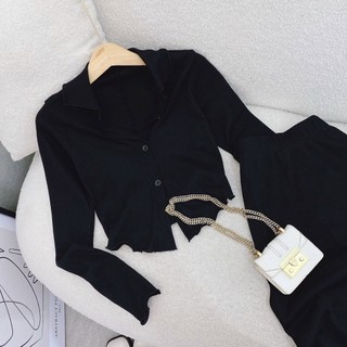 Set croptop đen cổ vest chân váy midi