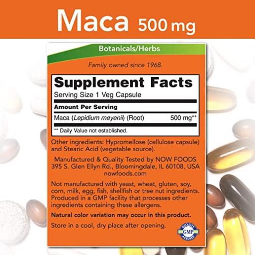 Viên uống Now Maca 500mg Hỗ Trợ Chức Năng Sinh Lý Cho Cả Nam Và Nữ, Cải Thiện Tâm Trạng, cân bằng nội tiết tố