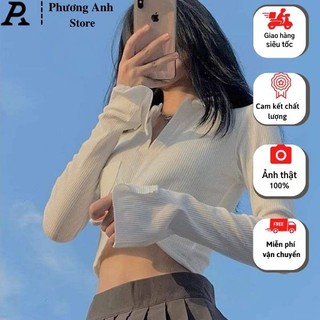 Áo croptop nữ cổ bẻ,có túi ngực cánh tay xẻ tà chất bo tăm