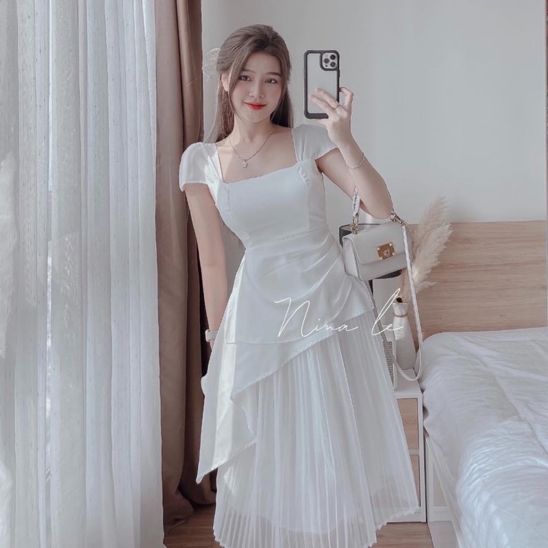 SET ÁO PEPLUM TRẮNG CỔ VUÔNG TAY BÚP + CHÂN VÁY TRẮNG MIDI XẾP LY ANGI HOME
