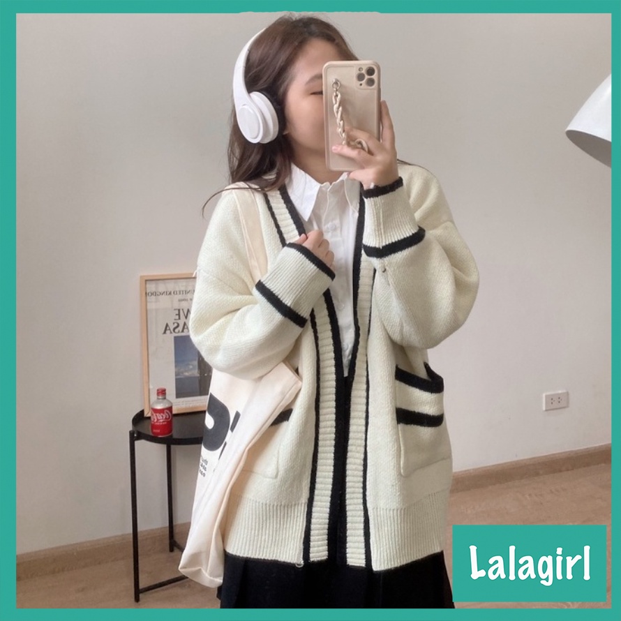 Áo Khoác Cardigan Len Trơn Nữ Form Rộng Thiết Kế Viền Siêu Xinh Dáng Suông Có Túi