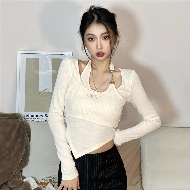 Áo Croptop Tay Dài PINKSTORE29, Dáng Ôm Layer Cổ Xích Kèm Tag A5479