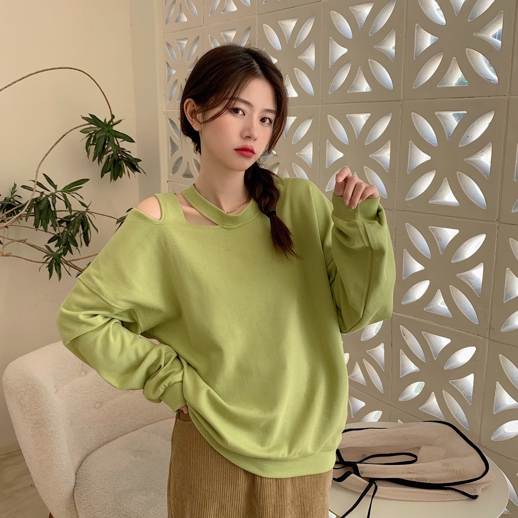 Áo sweater trễ vai dáng rộng tùy chọn màu sắc phong cách Hàn Quốc dành cho nữ
