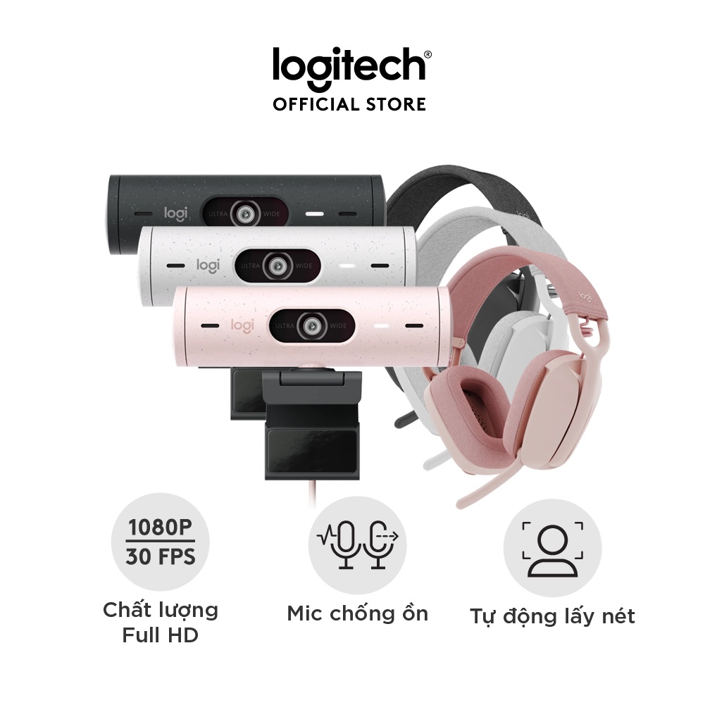 Combo Webcam Logitech Brio 500 và tai nghe Logitech Zone Vibe 100