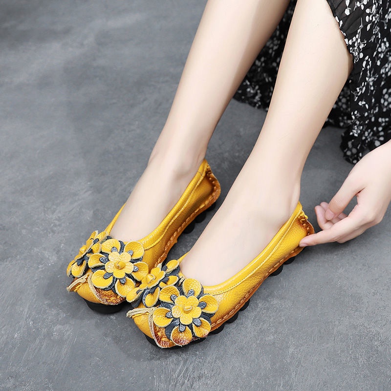 Giày Búp Bê Da Đế Bằng Mũi Tròn Phong Cách Dân Tộc Retro Cho Nữ