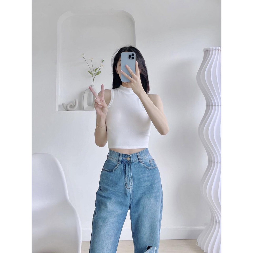Áo croptop nữ trơn sát nách cổ lọ thun bo gân cao cấp co giãn form basic màu sắc trẻ trung CA095197
