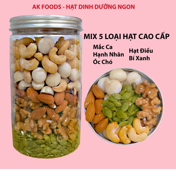 500gGr Hỗn Hợp Hạt Dinh Dưỡng 5 loại: Mắc Ca, Hạnh Nhân, Óc Chó, Hạt Điều, Bí Xanh - Mix Nuts AK FOODS