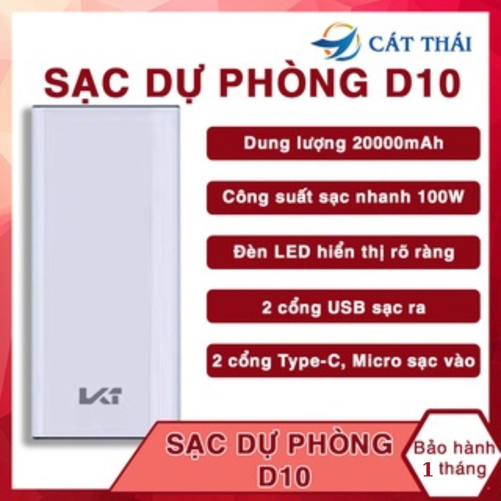 Sạc dự phòng D10, sạc nhanh 100W, dung lượng 20000mAh, thiết kế gọn nhẹ, hai cổng sạc ra hai cổng sạc vào tiện lợi