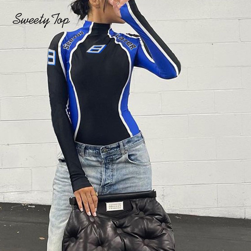 Lanlanlolo Bộ Áo Liền Quần Đua Xe Tay Dài Cổ Lọ Phối Màu Tương Phản Cá Tính Cho Nữ | BigBuy360 - bigbuy360.vn