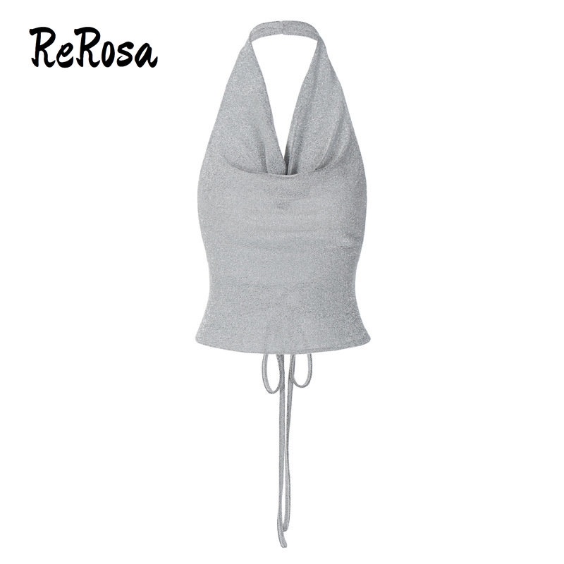Rerosa Áo Sát Nách Cổ Yếm Cột Dây Bằng Lụa Bóng Màu Trơn Phản Quang Cho Nữ