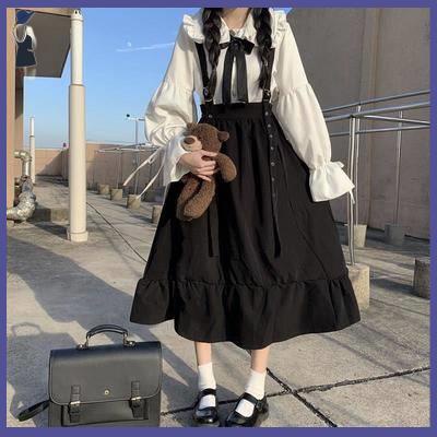 Váy yếm Đầm Sơ Mi Cổ Búp Bê Thắt Nơ Dáng Rộng Phong Cách Preppy Mới Dễ Phối Đồ Cho Học Sinh Nữ