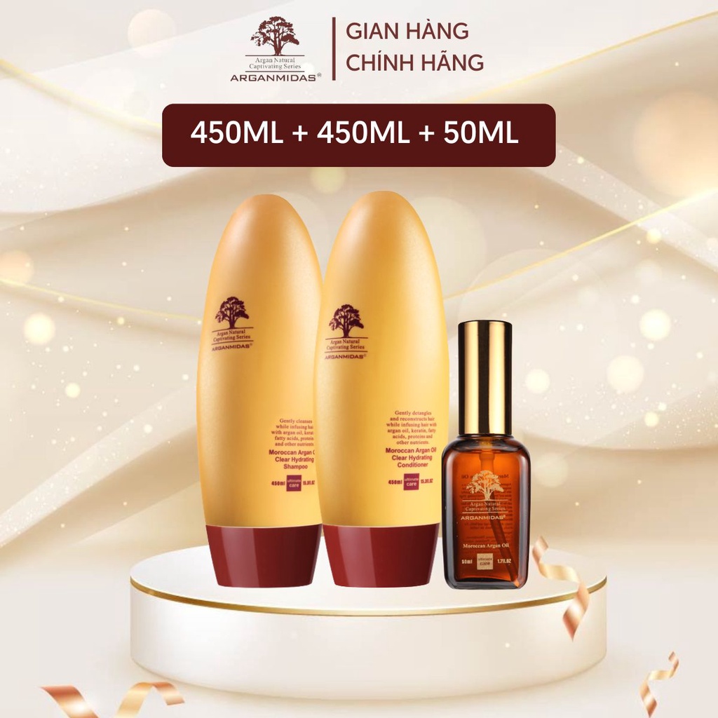 Combo gội xả Phục hồi tóc hư tổn Arganmidas Moroccan Argan (450ml/chai) và Tinh chất dưỡng phục hồi tóc Arganmidas (50ml