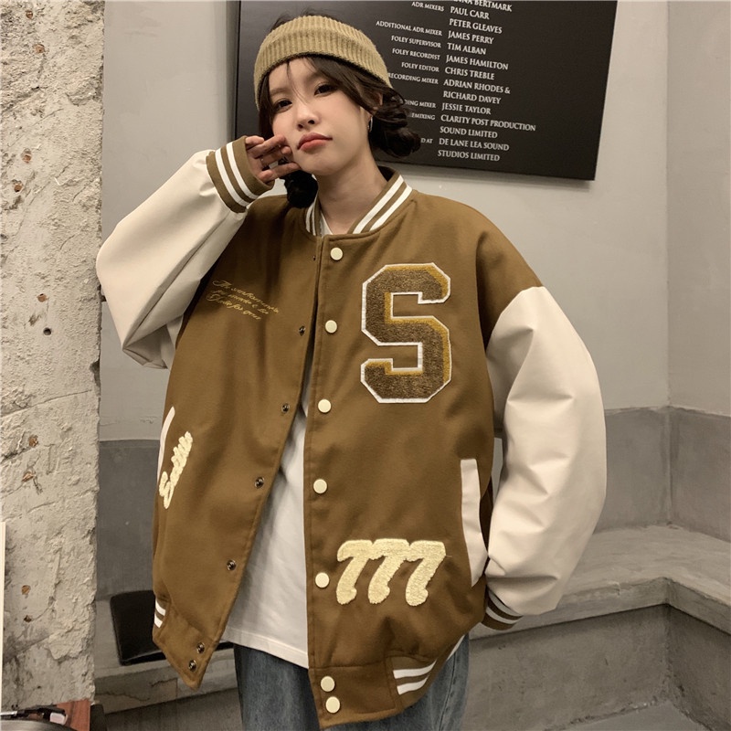 Áo Khoác Bóng Chày Da Dáng Rộng In Họa Tiết Vintage Thời Trang Mùa Thu Cho Nữ