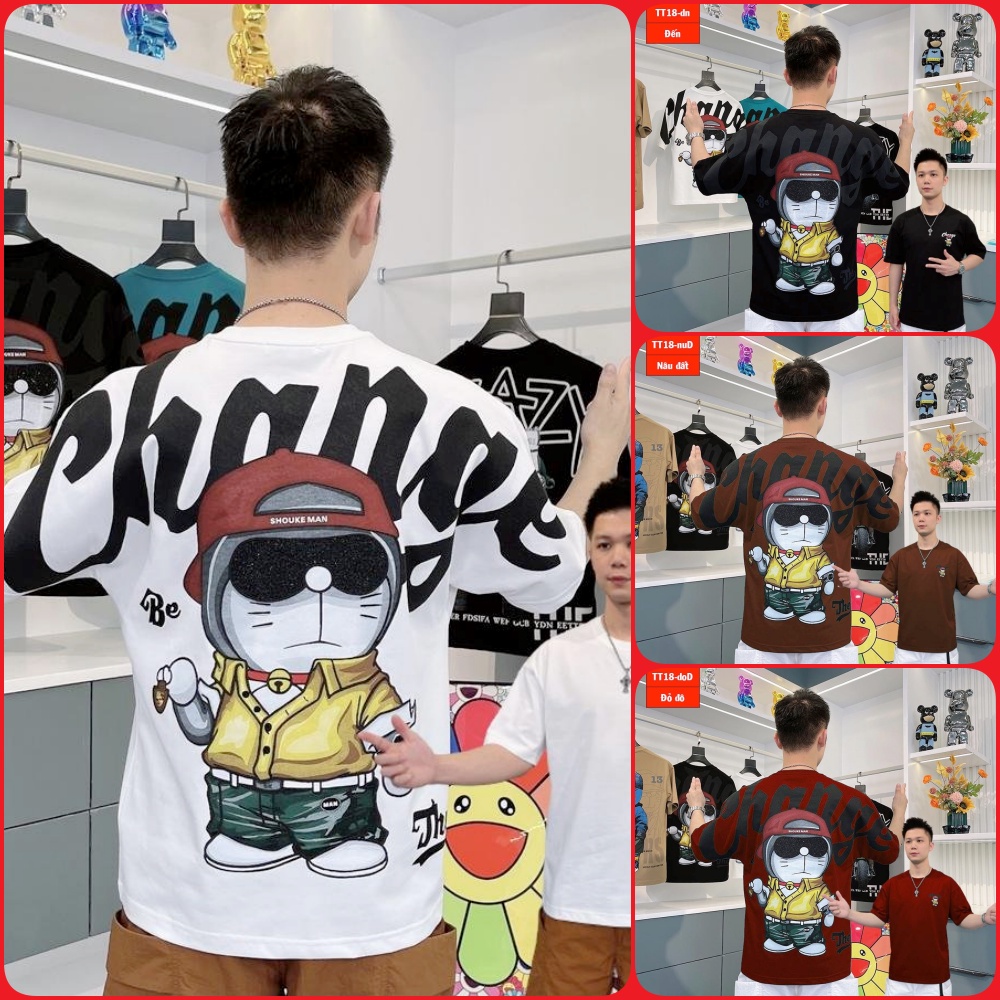 Áo thun nam TT18 form rộng hàn quốc logo thêu Doremon giá rẻ nhiều màu hot