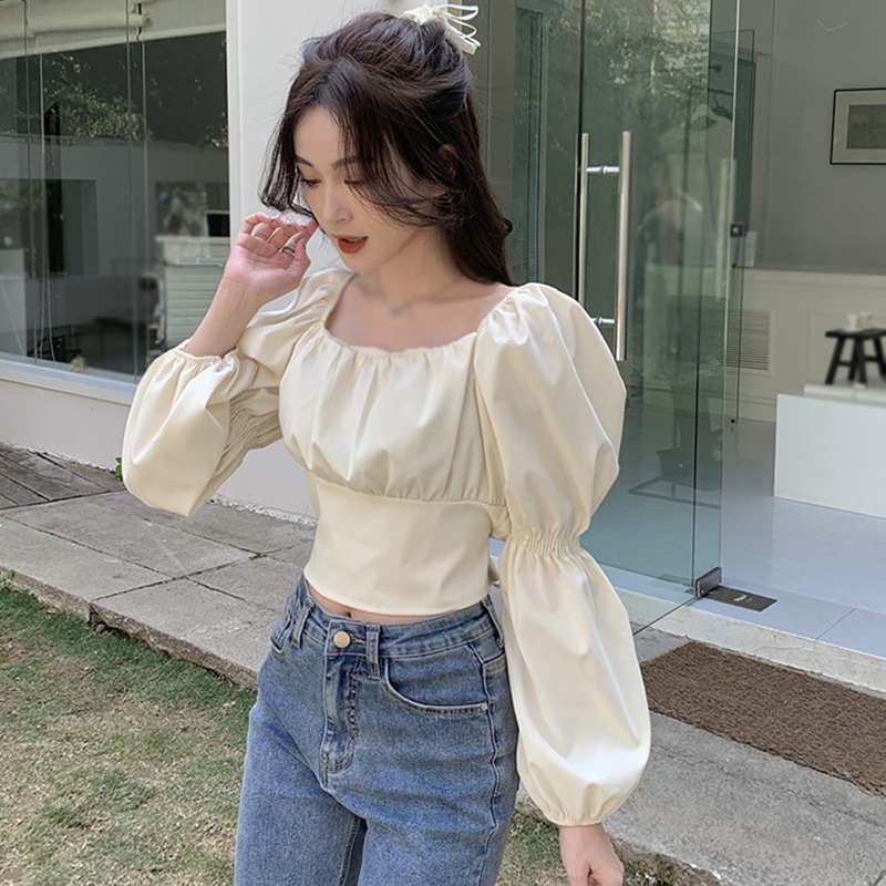 Áo Croptop Cổ Vuông Tay Phồng Màu Sắc Ngọt Ngào Phong Cách Retro Hàn Quốc Cho Nữ