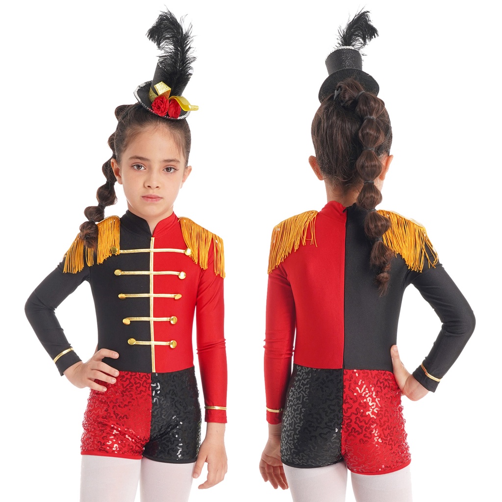Bộ đồ liền thân cổ đứng tay dài đính nút phối tua rua kim sa hóa trang rạp xiếc cho bé gái