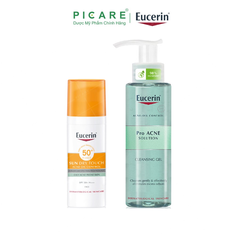 Combo Eucerin cho da nhờn mụn kem chống nắng Sun Oil Control SPF50+ 50ml & sữa rửa mặt Pro Acne Cleansing Gel 200ml