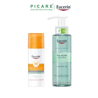 Combo Eucerin cho da nhờn mụn kem chống nắng Sun Oil Control SPF50+ 50ml & sữa rửa mặt Pro Acne Cleansing Gel 200ml