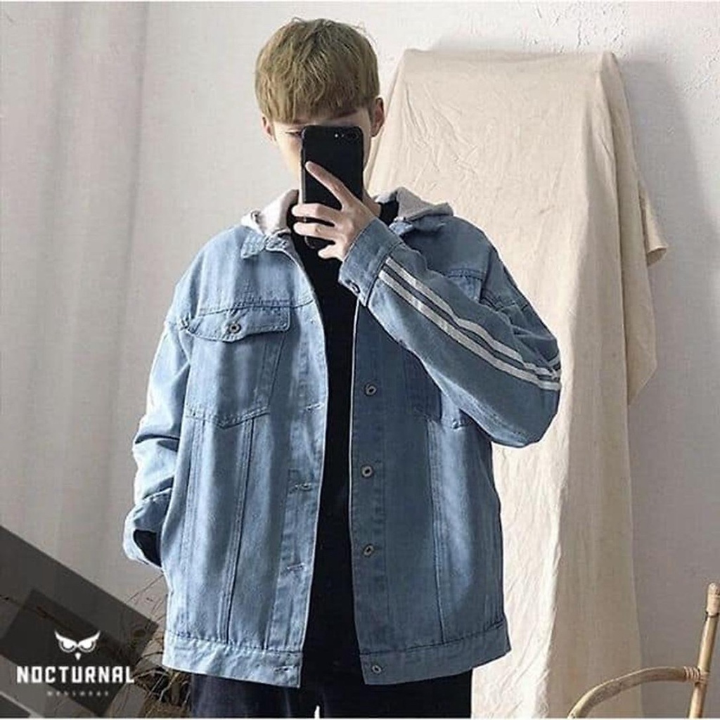 Áo khoác jean nam có nón túi Zip xanh - áo jean nón mũ viền tay xanh đen form rộng size 40-75kg