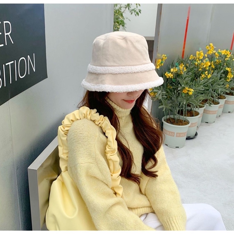 Mũ lông cừu /FREESHIP/ Nón nữ chất dày dặn màu pastel - Bucket vành tròn dã ngoại đi chơi mùa đông thời trang