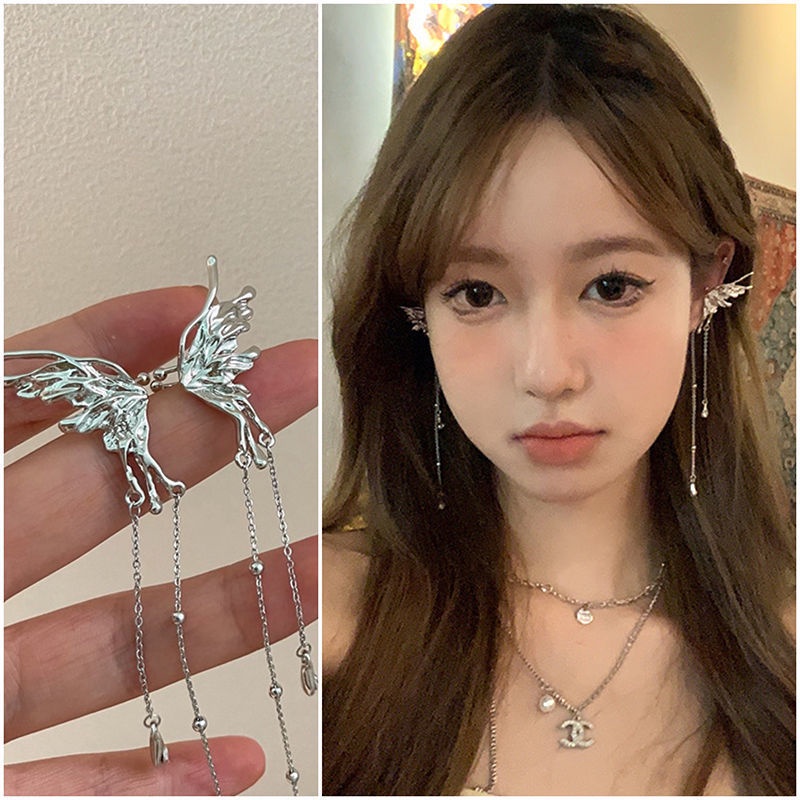 Khuyên tai kẹp vành mạ bạc s925 dáng dài họa tiết cánh bướm