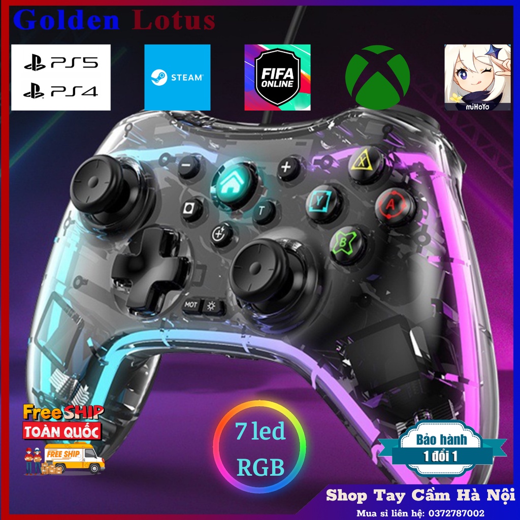 Tay cầm chơi mọi loại game có led RGB trong suốt Tay cầm fo4 không dây kết nối mọi thiết bị 10 chức năng trong 1 (S03)