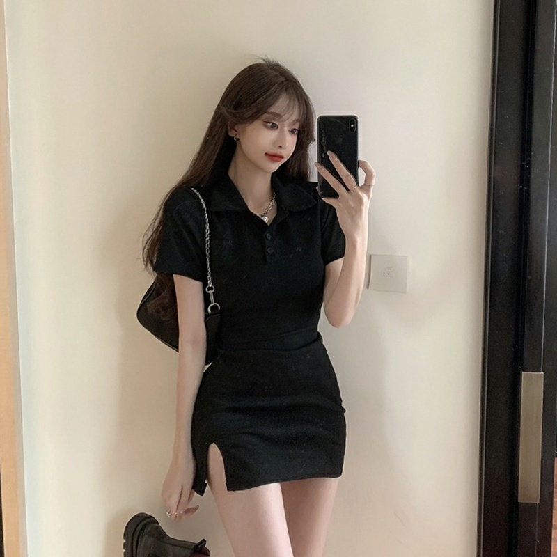 Váy Body Cổ Polo Xẻ Trước Chất Thun Gân Tăm, Đầm Ôm Sexy