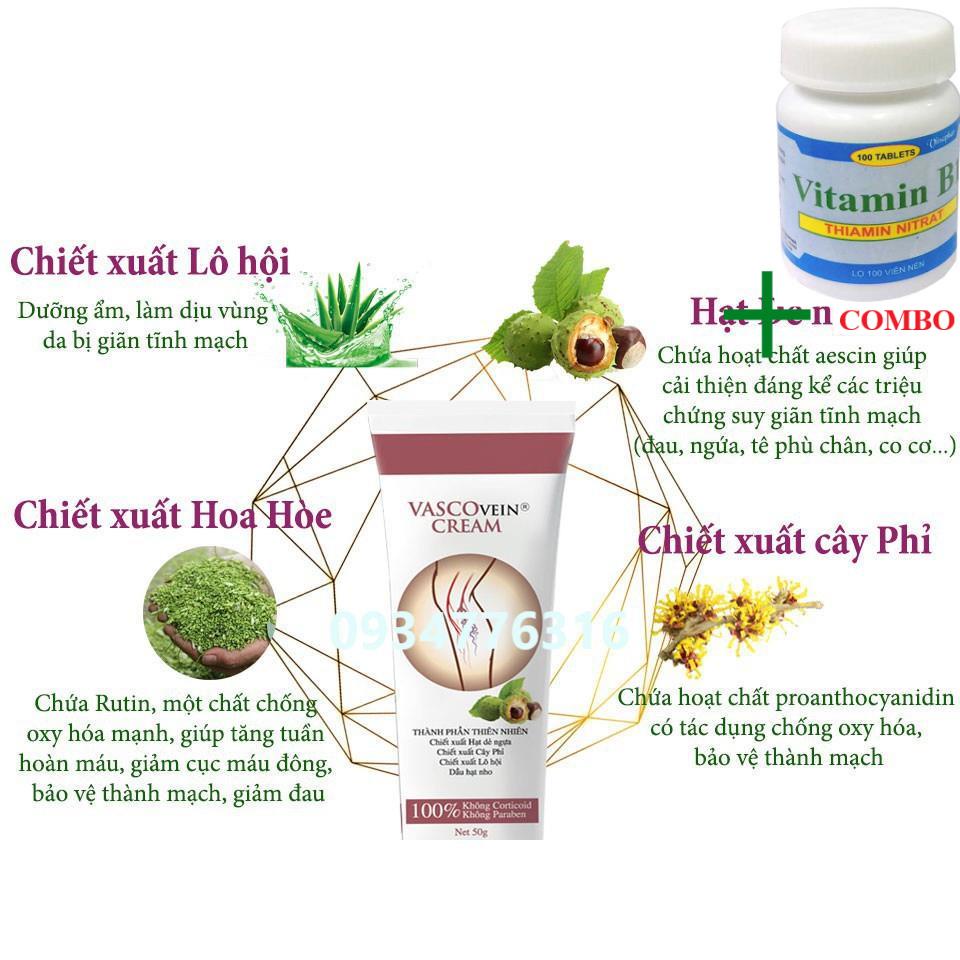 Combo Vitamin B1 chai 100 viên+ ✅ Kem Thoa Hỗ Trợ Suy Giãn Tĩnh Mạch Vascovein (Tuýp 50gr)