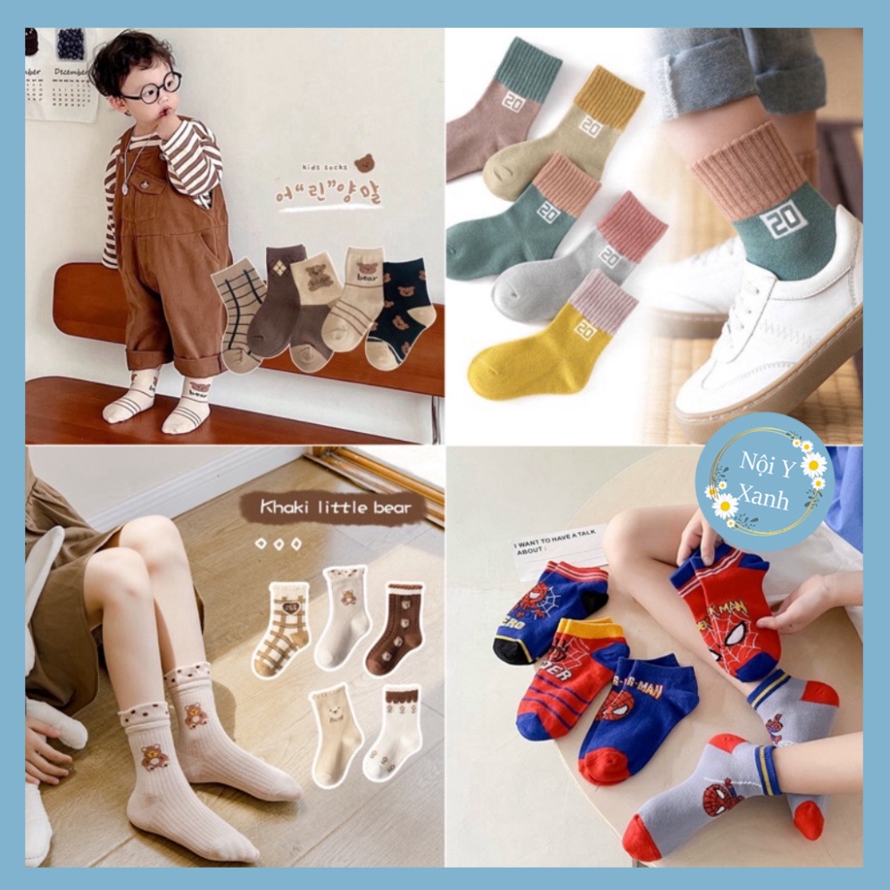 Set 5 đôi tất cotton cho bé cổ cao,ngắn bé trai,bé gái sợi bông siêu mềm thoáng khi khử mùi nội y xanh, chất ấm, thoáng