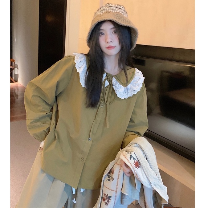 Áo khoác gile nhung nữ kiểu thêu hoa vintage, gile nữ phối sơ mi form rộng cổ ren nơ 7754