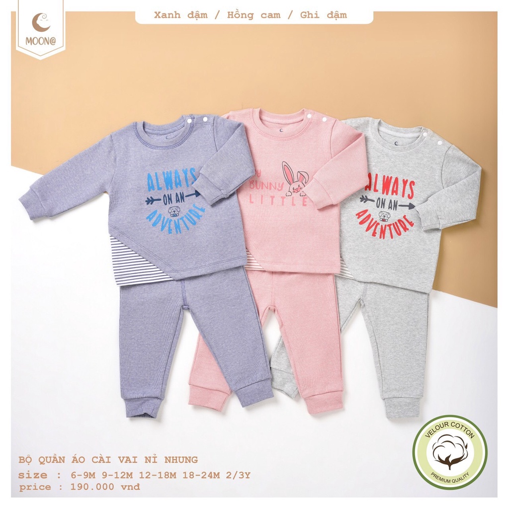[CHÍNH HÃNG] Bộ quần áo dài tay trẻ em cài vai nỉ nhung họa tiết năng động Moon