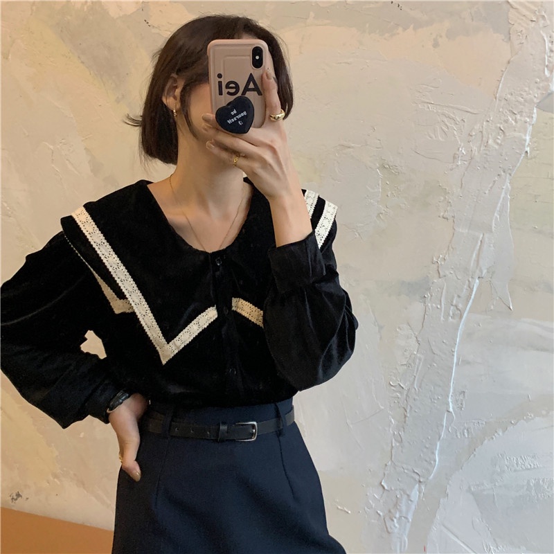 Áo nhung SUXI tay dài phối ren phong cách Hàn Quốc cổ điển thời trang dễ phối đồ dành cho nữ