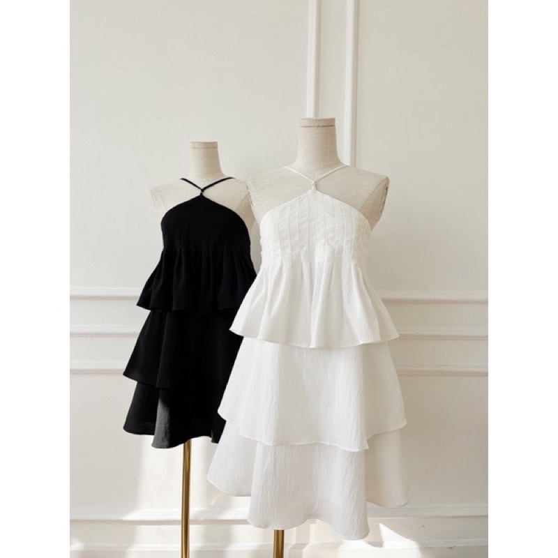Váy nữ xoè 3 tầng cổ yếm Elle studioss màu trắng phong cách nữ tính ( hàng có sẵn)