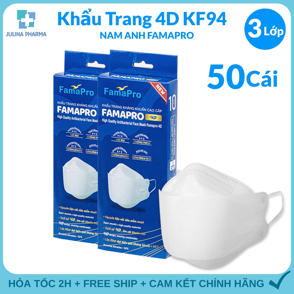 Khẩu trang 4d Famapro kf94 3 lớp kháng khuẩn kiểu hàn quốc Công ty Nam Anh (set 50 cái)